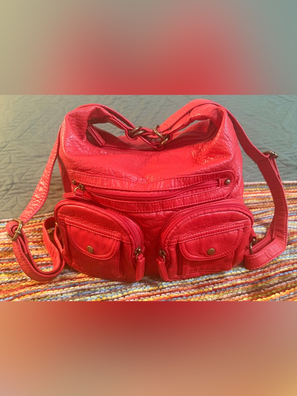 Ampere Creations Vegan Leather Multi Functional Crossbody Purse Backpack Bag Red